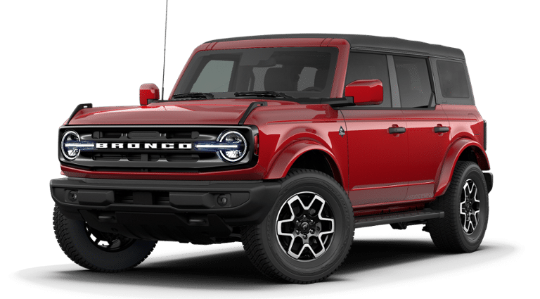 2026 Ford Bronco Outer Banks in Ruby Red Metallic Tinted Clearcoat — front three-quarter view